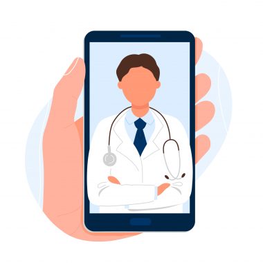 Hand holding phone with the image of doctor on screen. Flat cartoon modern trendy style.Vector illustration character icon. Online medical consulting, telehealth concept.